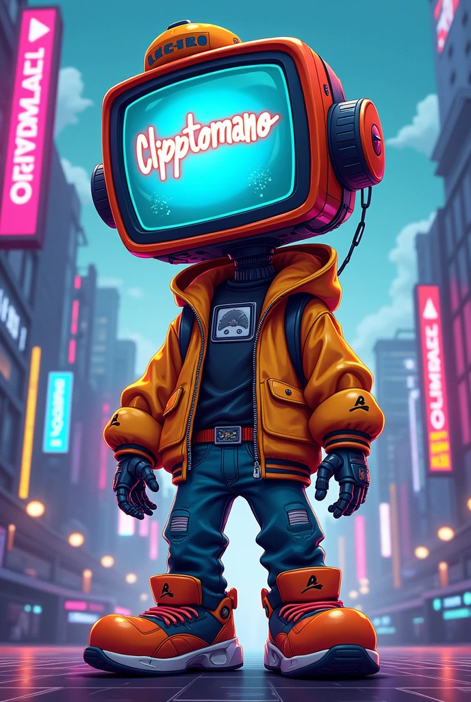Cartoon Robot, He dresses like a rapper and has a TV screen on his head that says Clipptomano