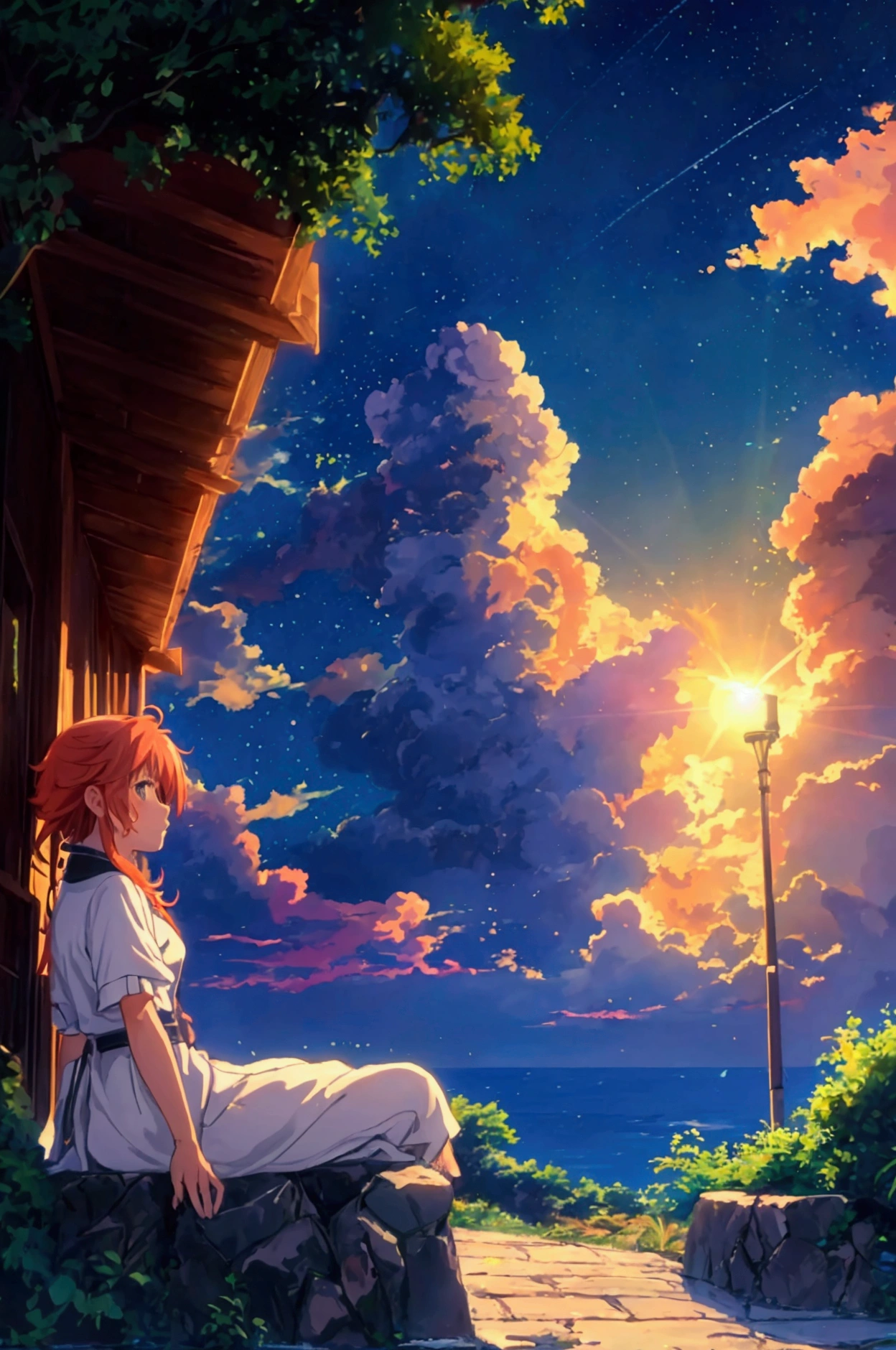 High quality, 8K Ultra HD. un gatito, The image shows a boy sitting anime watching The terrifying ocean at sunrise from a grassy hill, with a background of vibrant blue sky and red and orange hues of the sun. anime art wallpaper 4k, arte digital de Shen Che-Tsai, pexels, realismo fantástico, entre nubes celestiales iluminadas por el sol, nubes celestiales, cielo asombroso, Atardecer en las nubes, nubes doradas, cielo impresionante, nubes impresionantes, nubes magnificas, nubes brillantes, Nubes al atardecer, cielo en la tierra, luces celestiales doradasanime art wallpaper 4K, anime background, anime art wallpaper 8K, anime art background, anime landscape wallpaper, amazing wallpaper, high quality wallpaper definition,4k animated wallpaper,4k animated wallpaper,Aries Moross art,Bob Byerley art,AshleyWoodArtAI,greg rutkowski