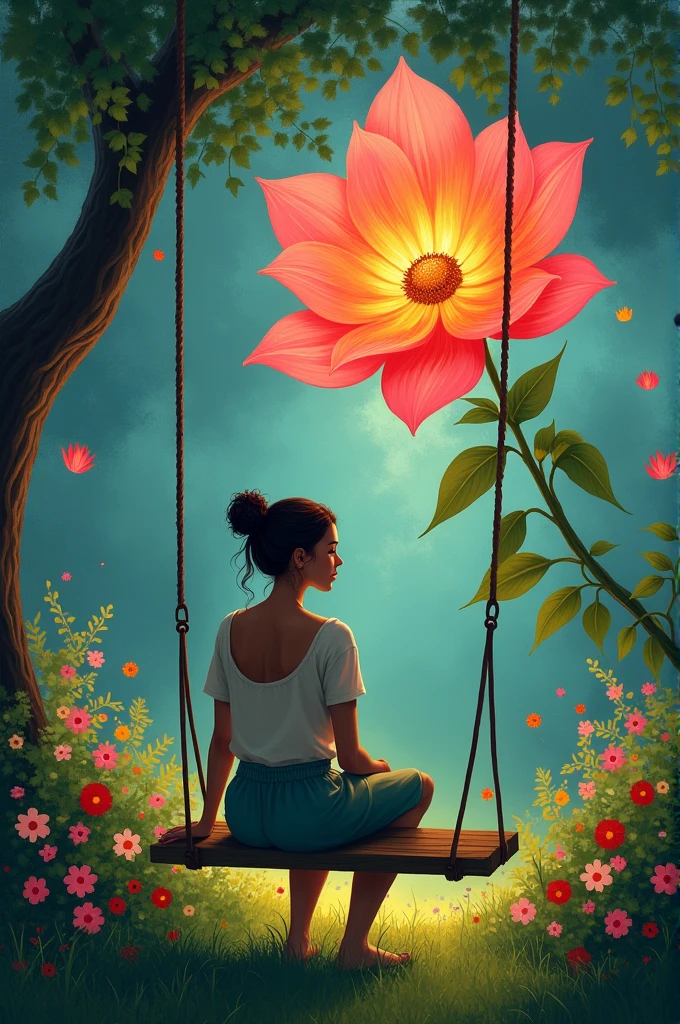 Back on your swing in the garden, observes the flower now radiant in its place. she smiles, feeling at peace, while the surrounding garden seems to vibrate with the colors of the flower.