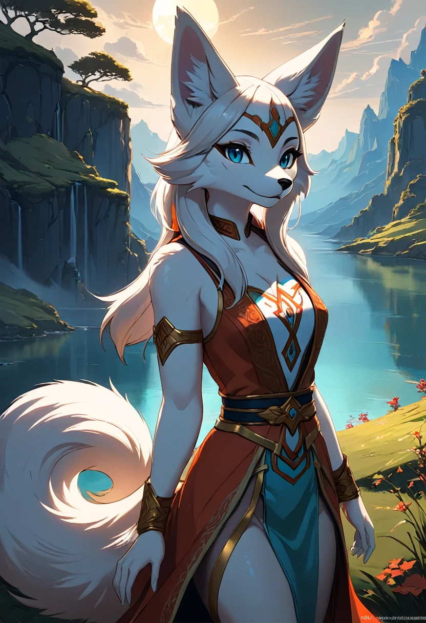 Anthropomorphic feminine kitsune enchantress. Official Art – An Award-Winning Digital Masterpiece In 4K Ultra HD, Extreme Detail And Intricate Realism. Symmetrical Face. This Concept Art Brought To Life By The Hands Of Artists Like Wlop & Artgerm In A Stunning 2D Vector Illustration. Breath of the wild. Background Is A Panoramic Vista.
