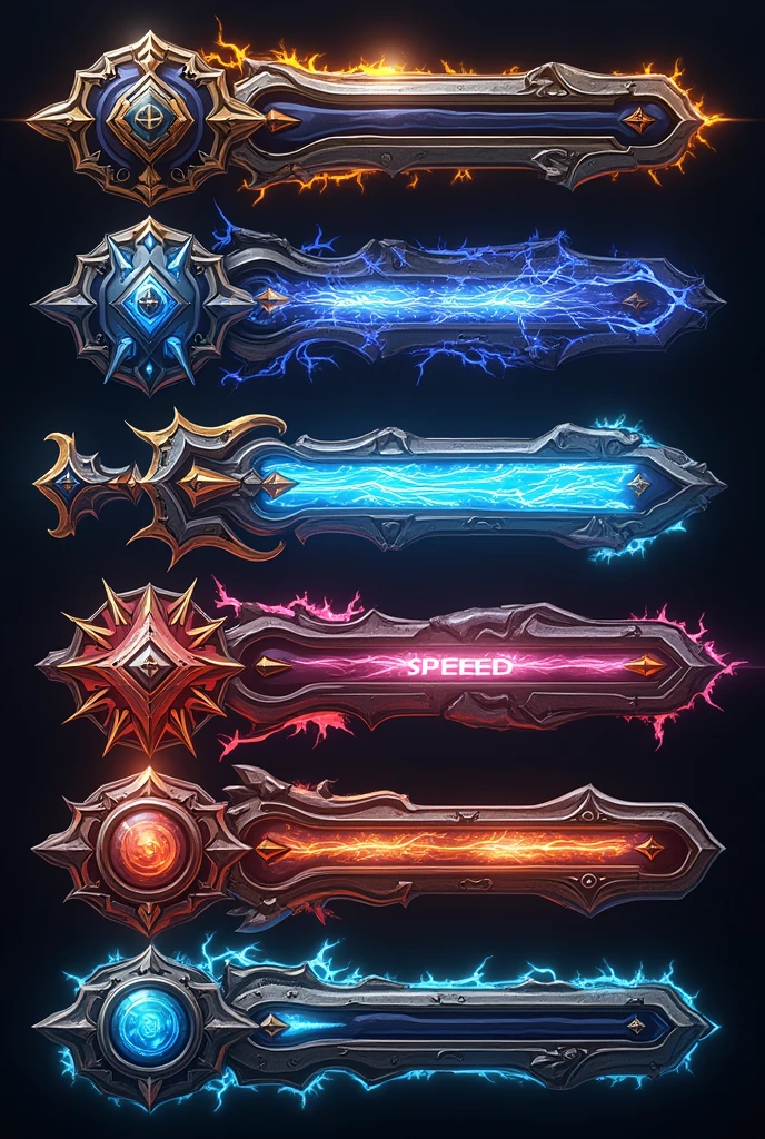 A visually stunning status bar reminiscent of video game interfaces, showcasing Defense, Attack, Speed, and Health. Each element is intricately designed with vibrant colors and intricate patterns that suggest power and protection. The Defense section features intricate shields with intricate detailing, while the Attack segment is adorned with sharp, menacing weapons. Speed is depicted with dynamic streaks of lightning, and Health is symbolized by glowing, pulsating orbs of energy. This digital image expertly combines functionality with artistic brilliance, immersing viewers in a world of fantasy and adventure.