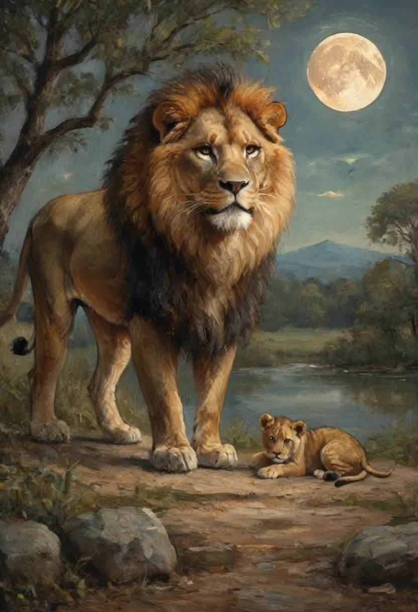 (((Masterpiece artwork))), best qualityer, illustration, beautifuldetailedglow, paper_hackear, lion, tree, ..moonligh