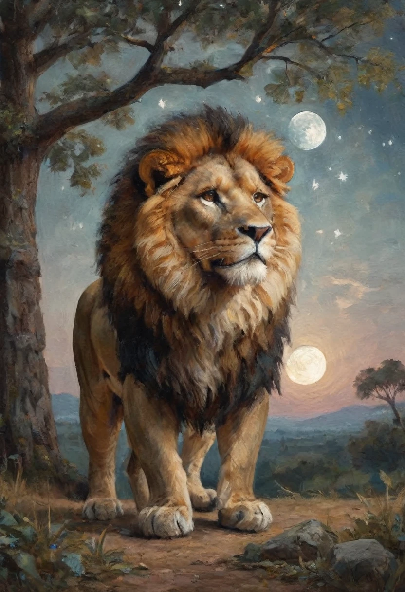 (((Masterpiece artwork))), best qualityer, illustration, beautifuldetailedglow, paper_hackear, lion, tree, ..moonligh