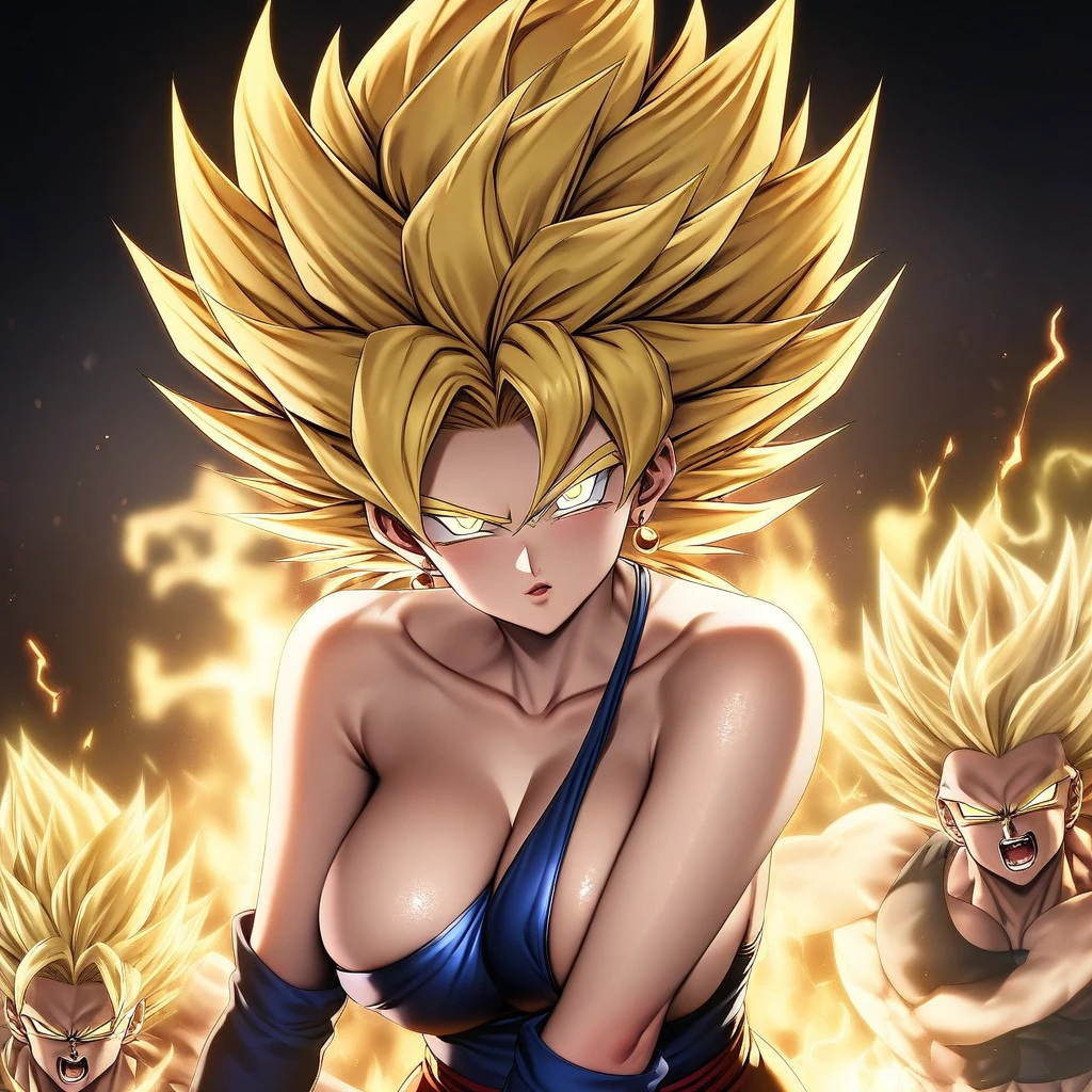 score_9, score_8_up, score_7_up, score_6_up, score_5_up, 1girl, 1boy, beautiful girl with white long hair, Black luminous eyes, Gold luminous earrings, and a beautiful luxurious body, (ample breast, masterpiece, studio light, professional, highres grip able booty), in the style of Akira Toriyama and Masashi Kishimoto, best quality, HDR, ((Super Saiyan, blonde hair, super saiyan, spiked hair:1.3)), aura, electricity, long hair,