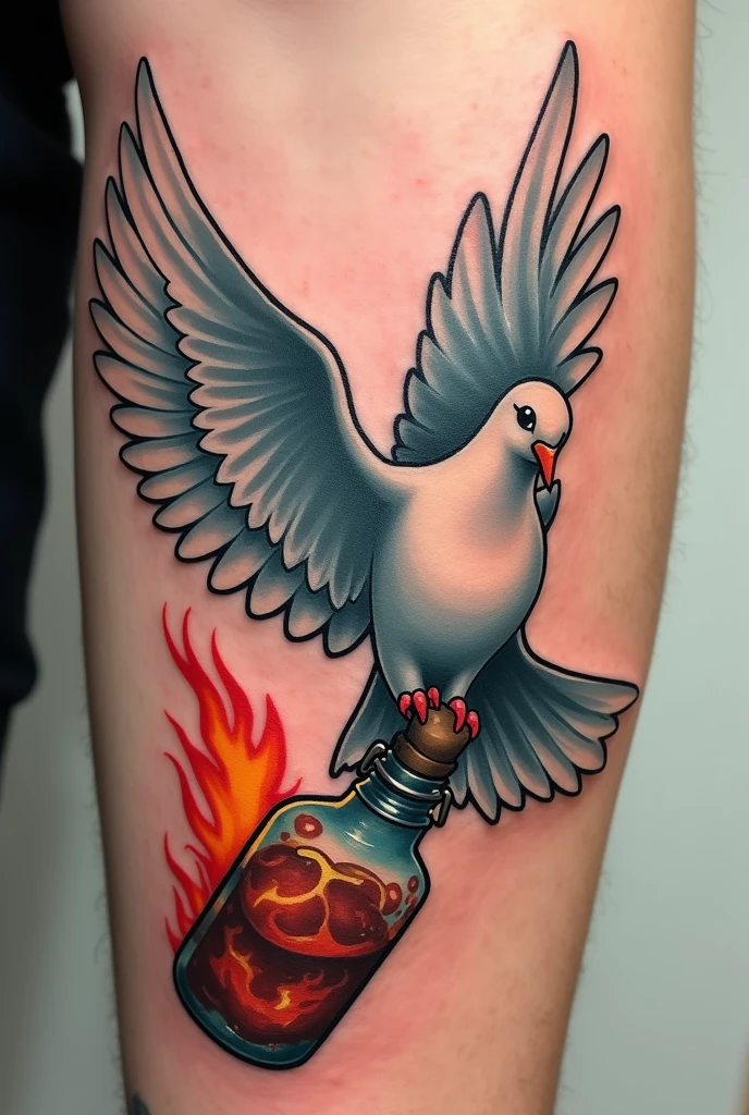 Tatouage d’une colombe qui porte un cocktail Molotov avec ses pattes avec un style enfantin