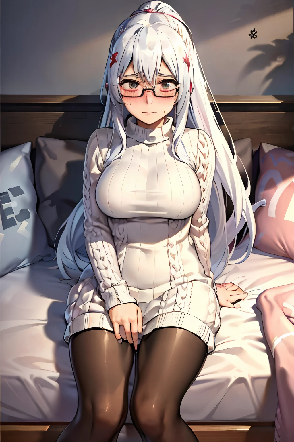 (Highest quality:1.1), (masterpiece:1.4), (Absurd:1.0), 
One Girl, Todoroki Fuyumi、White Hair、Medium-long hair、ponytail、Glasses、Medium chest、Looking at the audience、Bedroom、(blush:1.2)、Embarrassed expression、((pantyhose))、((Knitted dress))、((sit))、