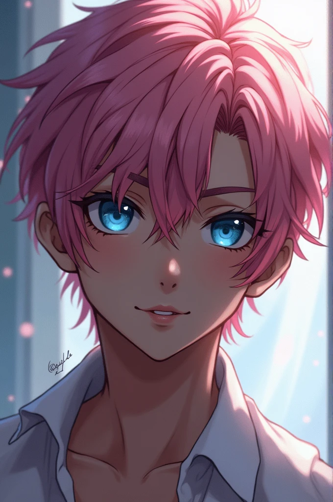 Draw a young anime boy with dark pink hair and light baby blue eyes and black skin he is a sexy man bl
