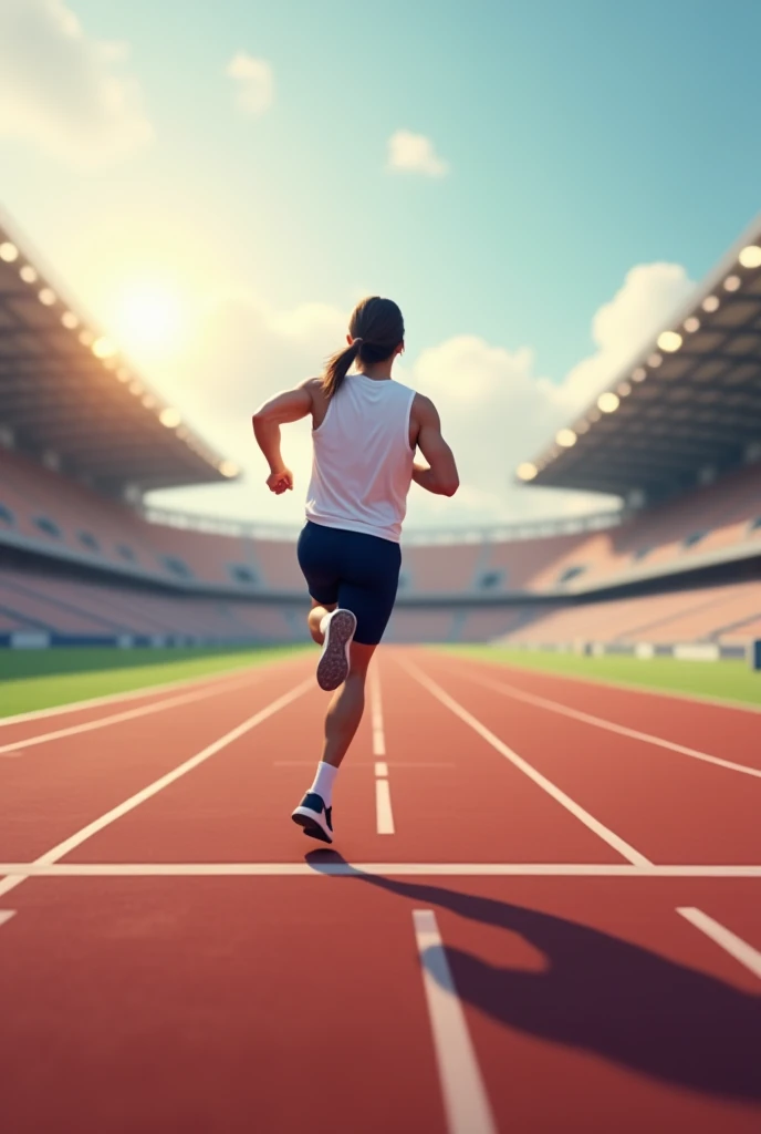 An avatar running alone on an athletics track towards the finish line