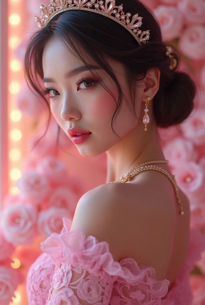 a sexy female personification of the pink panther, beautiful detailed eyes, beautiful detailed lips, extremely detailed eyes and face, long eyelashes, elegant pose, detailed jewelry, intricate lace dress, soft glowing lighting, pastel colors, delicate floral accents, cinematic lighting, highly detailed, 8k, photorealistic, masterpiece