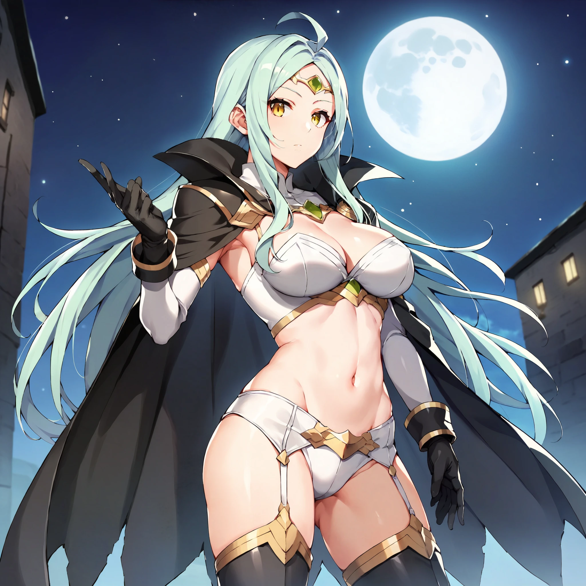 score_9, score_8_up, score_7_up, score_6_up, BREAK source_anime, best quality, masterpiece, 1girl, solo, nowi feh, white clothing, two-piece bodysuit, silvery shining bodysuit, midriff, long blue hair, yellow-eyes, circlet, black cape, big breasts, black gloves, white multiple belts, garter straps, thighhighs, black thigh boots, expressionless, looking at viewer, night sky, post-apocalypse, crumbling city on background, late night, moon, dark alleyway, detailed face, upper-body,