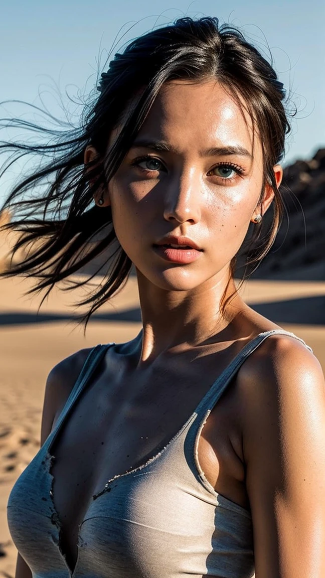 masterpiece, Transition to a desert landscape at sunset, a lonely figure, A beautiful 32-year-old American woman emerges wearing beautiful post-apocalyptic nomadic clothing., White skin, by rubio, gray blue eyes, Freckles in the face, slim body for running, small breasts, Very detailed face, ultra realistic face, very beautiful face, clean but tired face, post-apocalyptic clothing. Layers of tattered fabric, unconventional accessories, and a worn appearance create an aura of survival and resistance., 16k, ultra high resolution.photorealistic, HD, raw, DSLR, with the face of jeniffer lawrence