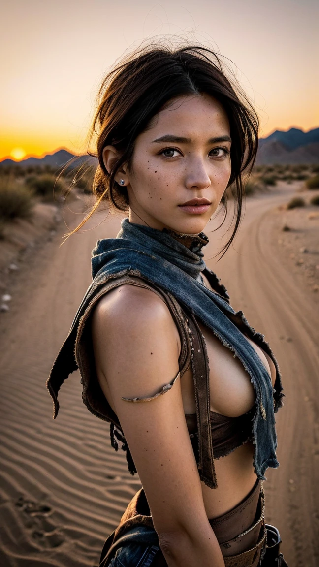 masterpiece, Transition to a desert landscape at sunset, a lonely figure, A beautiful 32-year-old American woman emerges wearing beautiful post-apocalyptic nomadic clothing., White skin, by rubio, gray blue eyes, Freckles in the face, slim body for running, small breasts, Very detailed face, ultra realistic face, very beautiful face, clean but tired face, post-apocalyptic clothing. Layers of tattered fabric, unconventional accessories, and a worn appearance create an aura of survival and resistance., 16k, ultra high resolution.photorealistic, HD, raw, DSLR, with the face of jeniffer lawrence