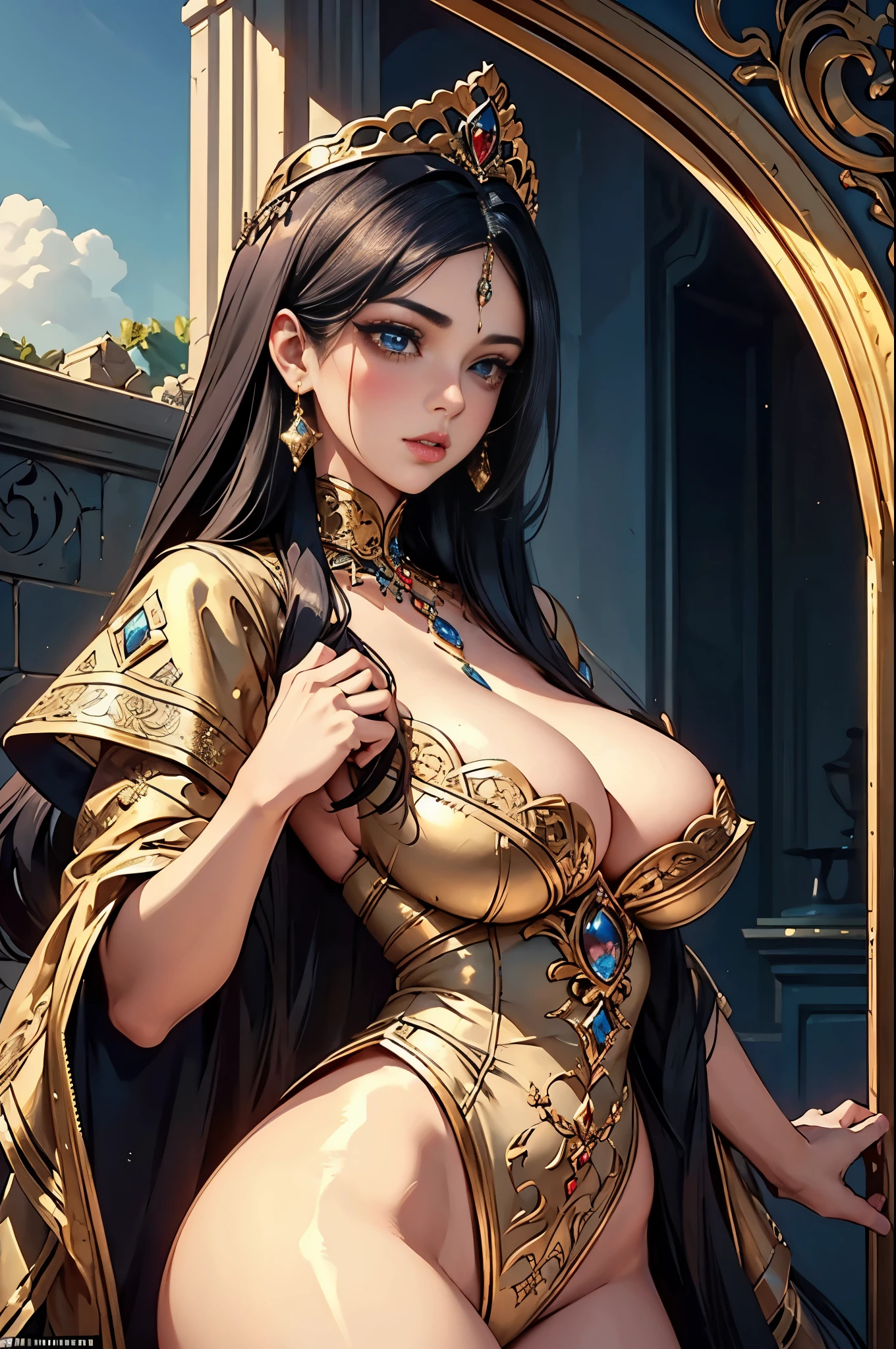 beautiful Persian queen, voluminous breasts, wide hips; dressed in her royal clothing; Her breasts and hips are enhanced; fine details in the woman's eyes and eyelashes; fine details in the woman's outlined face; side view: she has a contemplative and sensual look; full and juicy lips; sensual image; artwork; film production