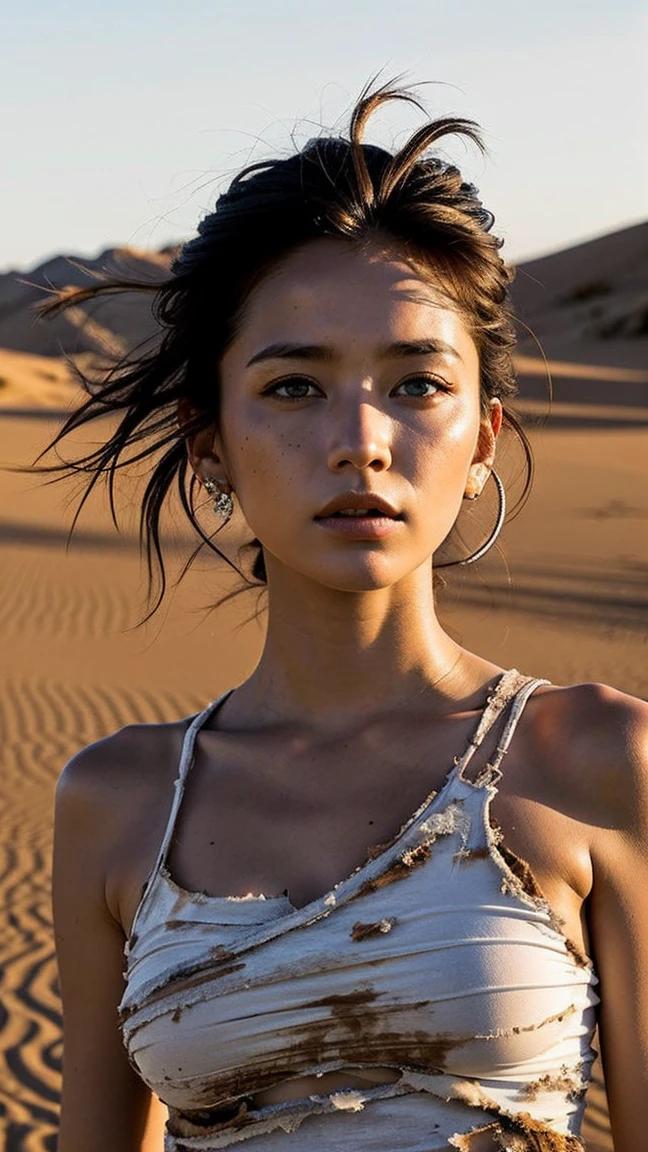 masterpiece, Transition to a desert landscape at sunset, a lonely figure, A beautiful 32-year-old American woman emerges wearing beautiful post-apocalyptic nomadic clothing., White skin, by rubio, gray blue eyes, Freckles in the face, slim body for running, small breasts, Very detailed face, ultra realistic face, very beautiful face, clean but tired face, post-apocalyptic clothing. Layers of tattered fabric, unconventional accessories, and a worn appearance create an aura of survival and resistance., 16k, ultra high resolution.photorealistic, HD, raw, DSLR, with the face of jeniffer lawrence