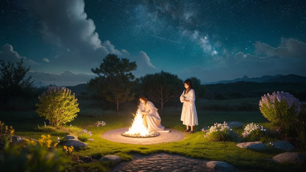 Miniature landscape,Miniature models,fantasy garden,Aesthetic healing,Rural Scenery,Beautiful and poetic,広大な3d宇宙で,These clouds are fluffy and soft,As if it had fallen from the sky,Each flower has a delicate texture and slight elasticity、The surrounding starry sky,Stars are not ordinary sharp points of light,but、Each one is round and rich.、A ball of light woven with soft light threads,Gives off a soft, warm glow,When the wind blows,The folds of silk flow naturally like ripples in water.,The edges of the garment are sprinkled with fluffy white feathers..,Adds a touch of warmth and romance。Their hair is not a hard line.,but、Silky Soft、Slightly curled thread,Like feeling a breeze,Studio Lighting,3d, Realistic lighting,Beautiful light,Edge Glow,Volumetric Light,Rim Light,Bioluminescence,Perfect composition,masterpiece,8k