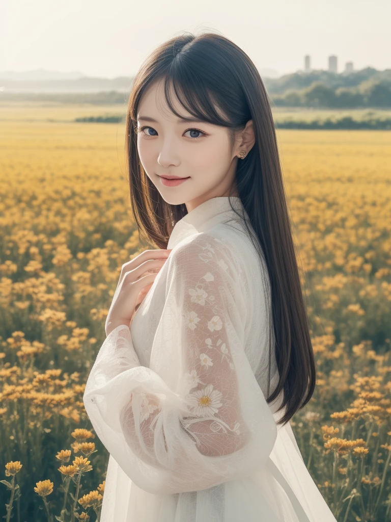 ((Blur filter processing)), stechu,(Background with, A flower field on a hill that stretches to the horizon:1.4), ((Tachie)), Original, (illustratio:1.1),(Highest quality portraits),(​masterpiece:1.1),(Ultra detailed CG unified 8k wallpaper:1.1), (colourfull:0.9),(panoramic shot:1.4),(solo:1.2), (Ink splashes),(color splashes),((watercolor paiting)), Clear Sharp Focus,{ 1 Girl Standing},((Korean style)),flowers background,water background,wind background,Plein Air,looking at the viewers、make happy expressions、Soft smile、pure、Beautiful face and eyes、beautyfull intricacy clothing decorative pattern details、Ancient Chinese folk costume with intricate decorations, A darK-haired、Black eyes、colorwater,