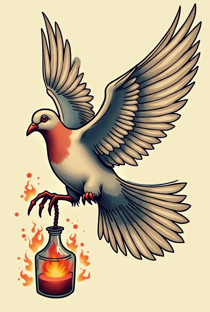 Tatouage d’une colombe sui vole et qui porte un cocktail Molotov avec ses pattes avec un style animé