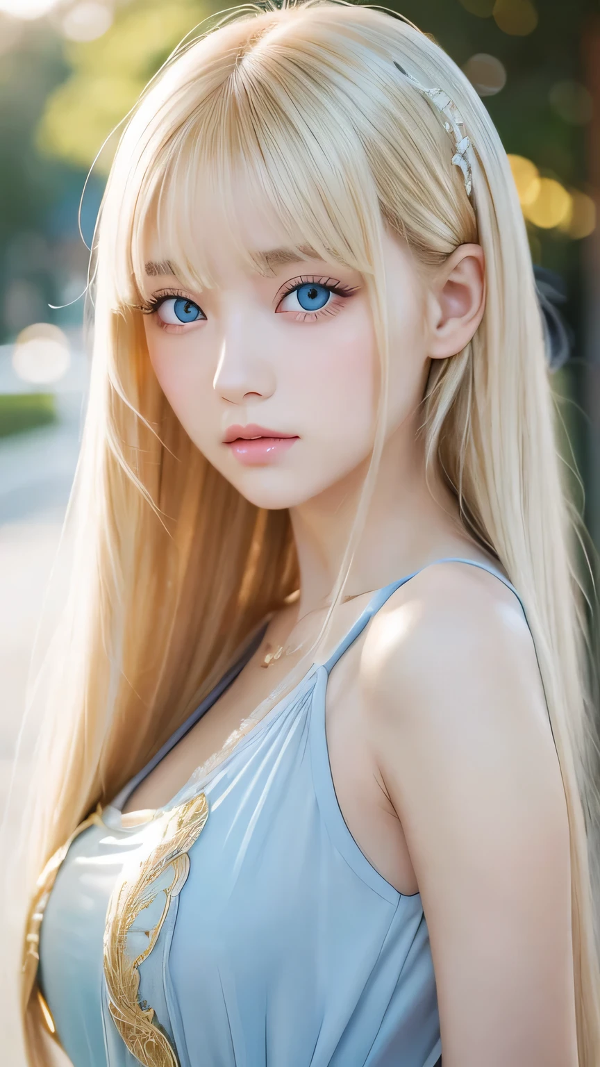 Crystal clear and shiny skin、Cute 13 year old with beautiful face、Very large, beautiful, bright, pale sky blue eyes、Very big eyes、Super long straight hair that shines in the light、Long, silky bangs that cover her cute eyes、Hair that hides sexy features、too long bangs、Sexy and cute young beauty、Super long natural young blonde hair with sparkling highlights Blonde over one eye Blonde over one eye、Blonde hair between the eyes
