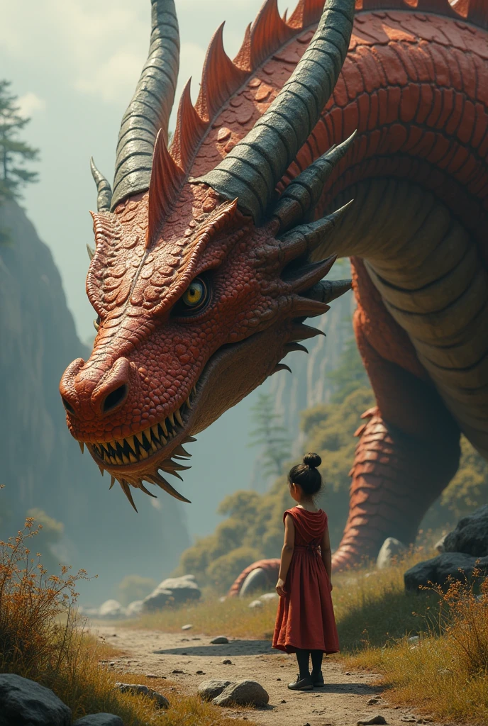 Girl facing a dragon