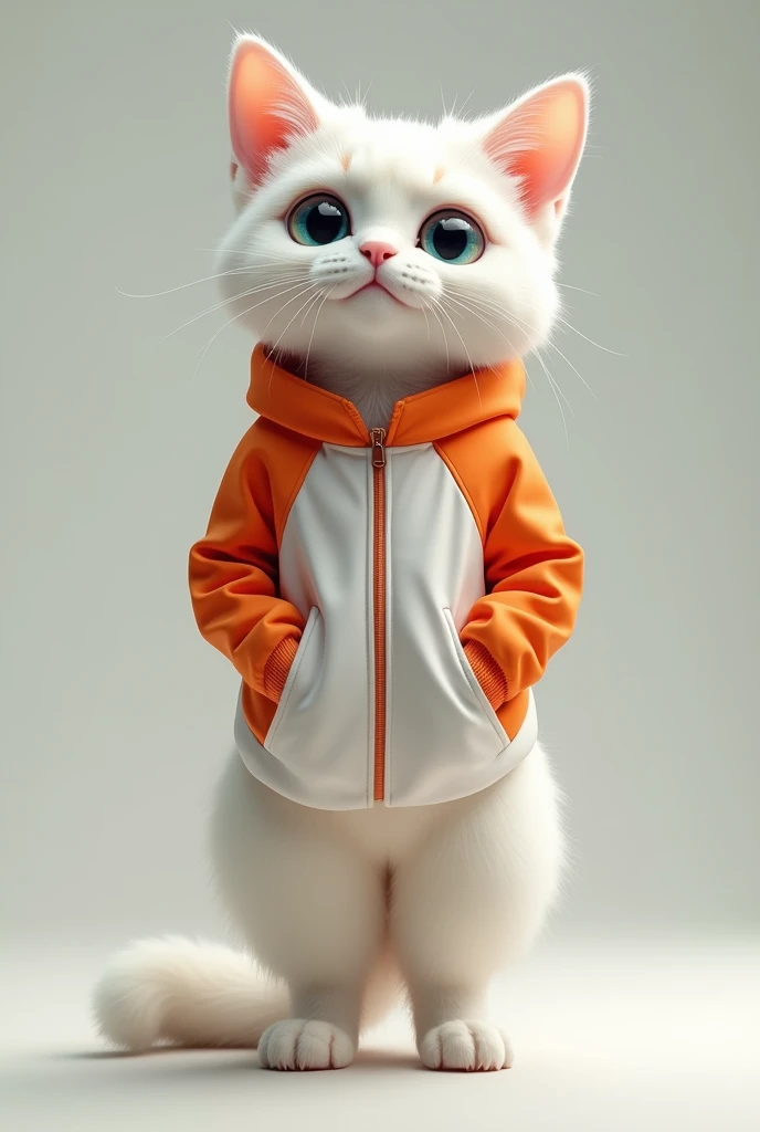 White cat, fancy, bipedal, standing upright, wearing tracksuit
