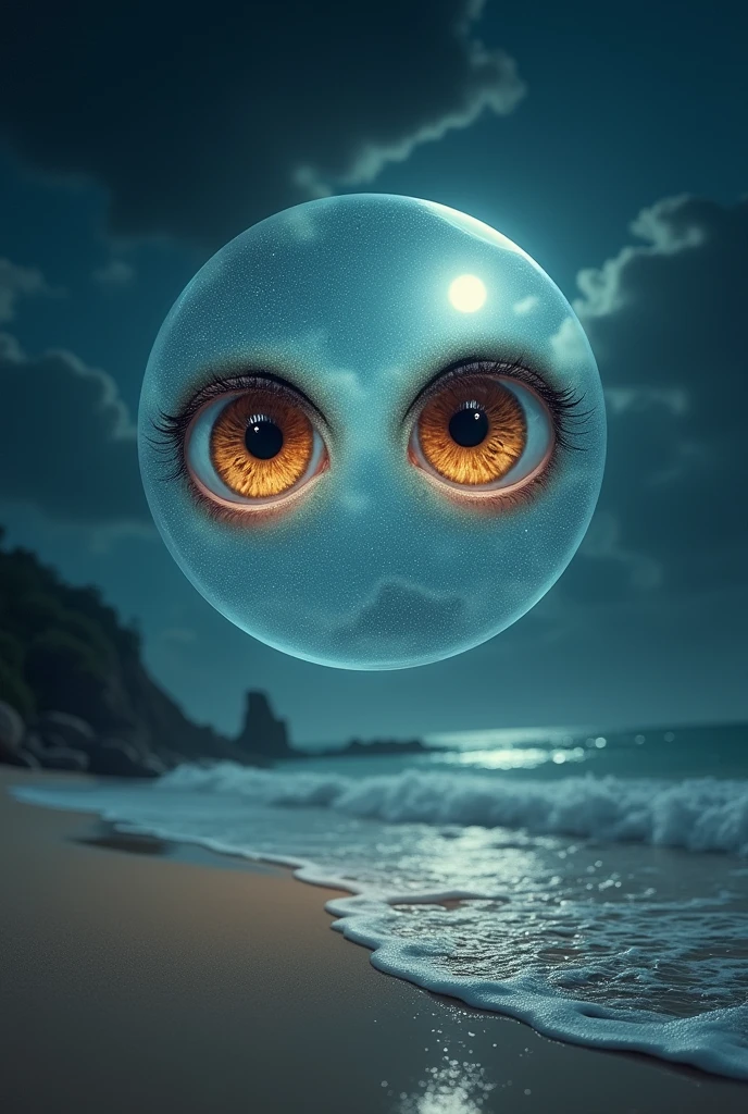 Beautiful brown eyes in the middle of the sky like transparent opacity and a beautiful beach at night in the background