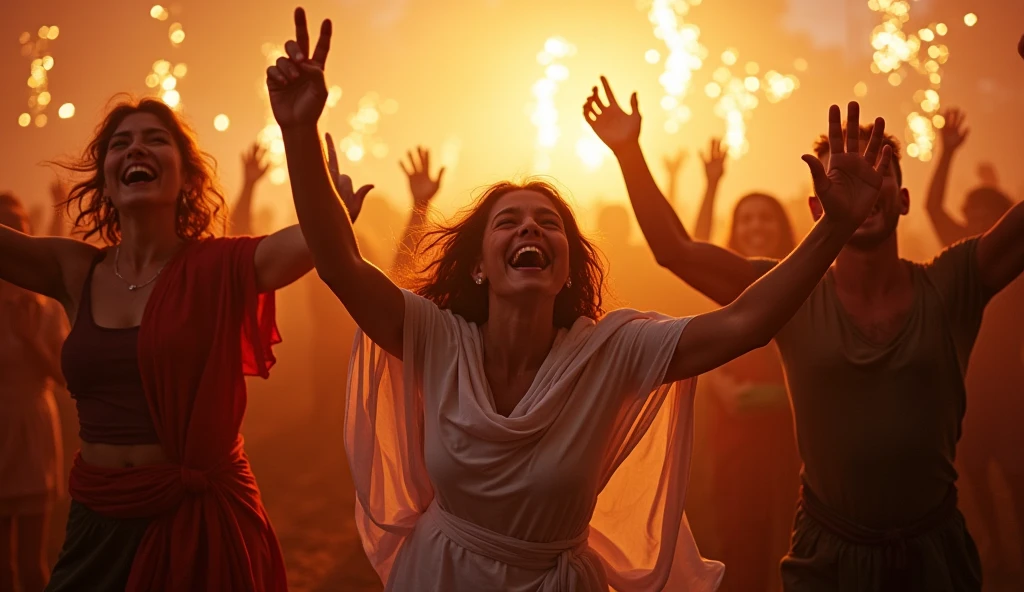 "Hebrew people celebrating after liberation, dancing and singing, festive atmosphere, vibrant colors, expressions of joy --ar 16:9 --v 6 --style 4a"