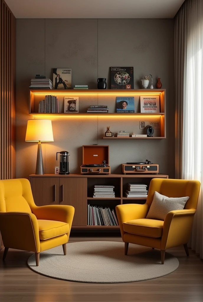 Create a realistic image of a corner in an apartment with a simple sideboard with a coffee maker, a coffee capsule holder, a French coffee press and a brown suitcase-shaped record player, it's open with a record playing. On top there are thin shelves with only front discs, there are two shelves one on top of the other, each shelf has 3 discs next to each other, disco do Queen, do Linkim Park, Foi Fighters , gilberto gil, U2 and Elis Regina. Also on the sideboard, Na parte de baixo, has niches with books. Many books next to each other. In front of the sideboard there are two yellow armchairs, one with a cushion and a floor lamp with yellow light. The wall where the vinyls and the sideboard are, it's burnt cement.