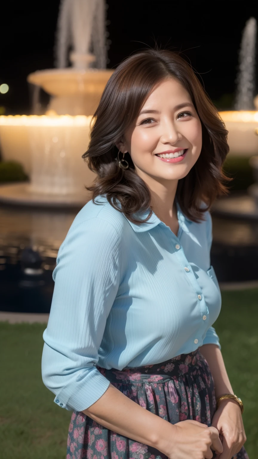 最high quality, In 8K, whole body, Real, Upper Body, high quality, High resolution, Detailed face, Detailed eyes, Thick lips, (Look at the viewers), alone, Middle-aged women, , 60 years old, , Wavy Hair, , Wearing short sleeves, Standing in front of a fountain, Wrinkles around the eyes, Smiling with teeth showing, Background Blur