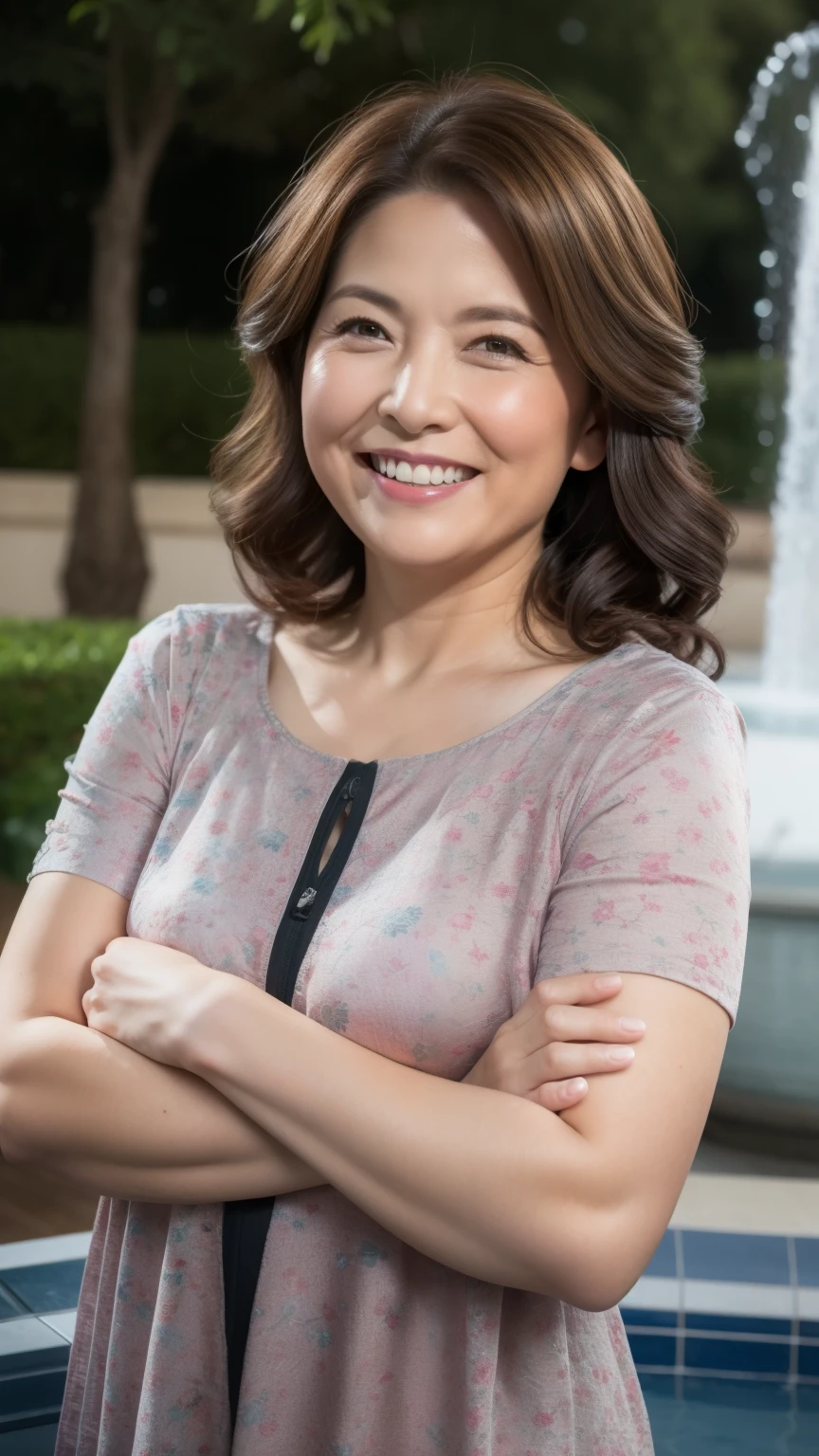 最high quality, In 8K, whole body, Real, Upper Body, high quality, High resolution, Detailed face, Detailed eyes, Thick lips, (Look at the viewers), alone, Middle-aged women, , 60 years old, , Wavy Hair, , Wearing short sleeves, Standing in front of a fountain, Wrinkles around the eyes, Smiling with teeth showing, Background Blur