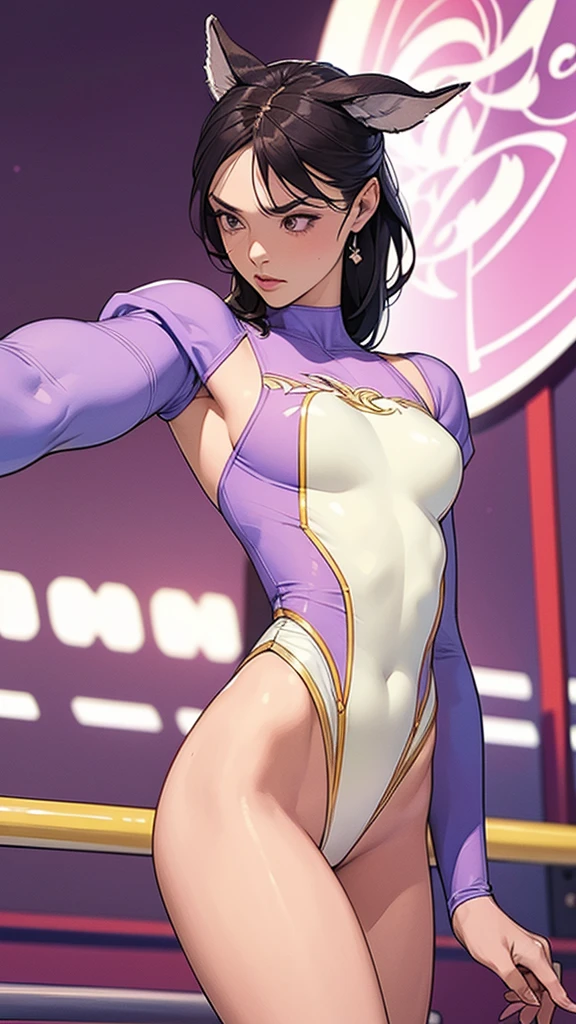 expensivequality illustration, masterpiece, Very delicate and beautiful, Attractive girl,(Gymnastics leotard,Tight leotard,length_Leotard with sleeves,expensive_Leg leotard,athletic leotard),Purple ears,This is short, Audience reaction,thin,Slender body,slim,expensive school,Gym,Gymnastics Club,