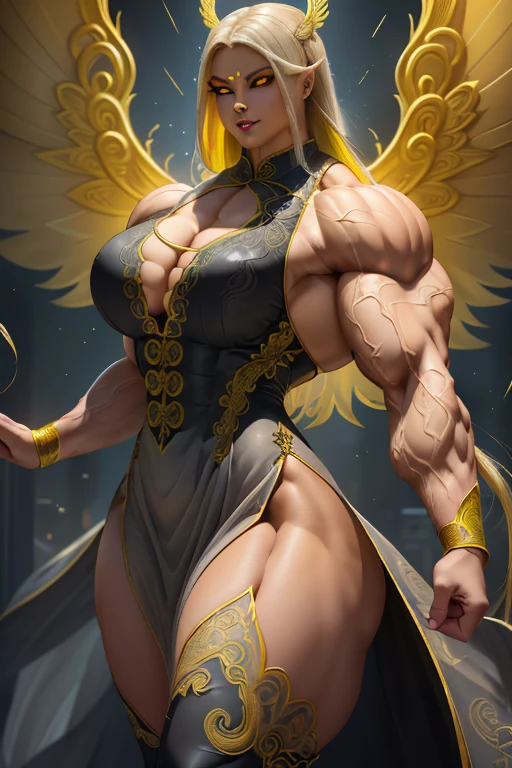 (Close view), tall, (yellow hair), muscular woman, long flowing hair, light brown skinned, closed smile, (black lipstick), ((massive muscles)), (hyper muscle), ((ginormous bulky muscles)), ((glowing gray eyes)), (((sparkling yellow cheongsam dress embroidered with intricate designs))), (giant angel wings), gauntlets, choker, thigh high boots, (in the Sky)
