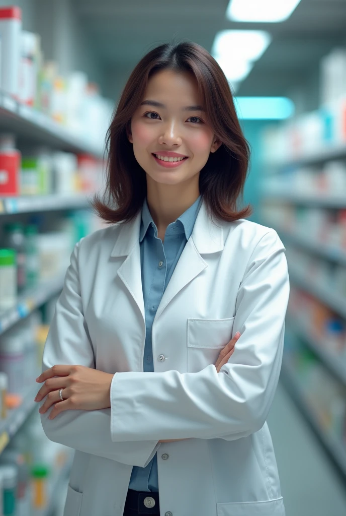 Portrait of a Vietnamese pharmacist with shoulder-length hair standing and consulting directly, arms hanging naturally, not crossed