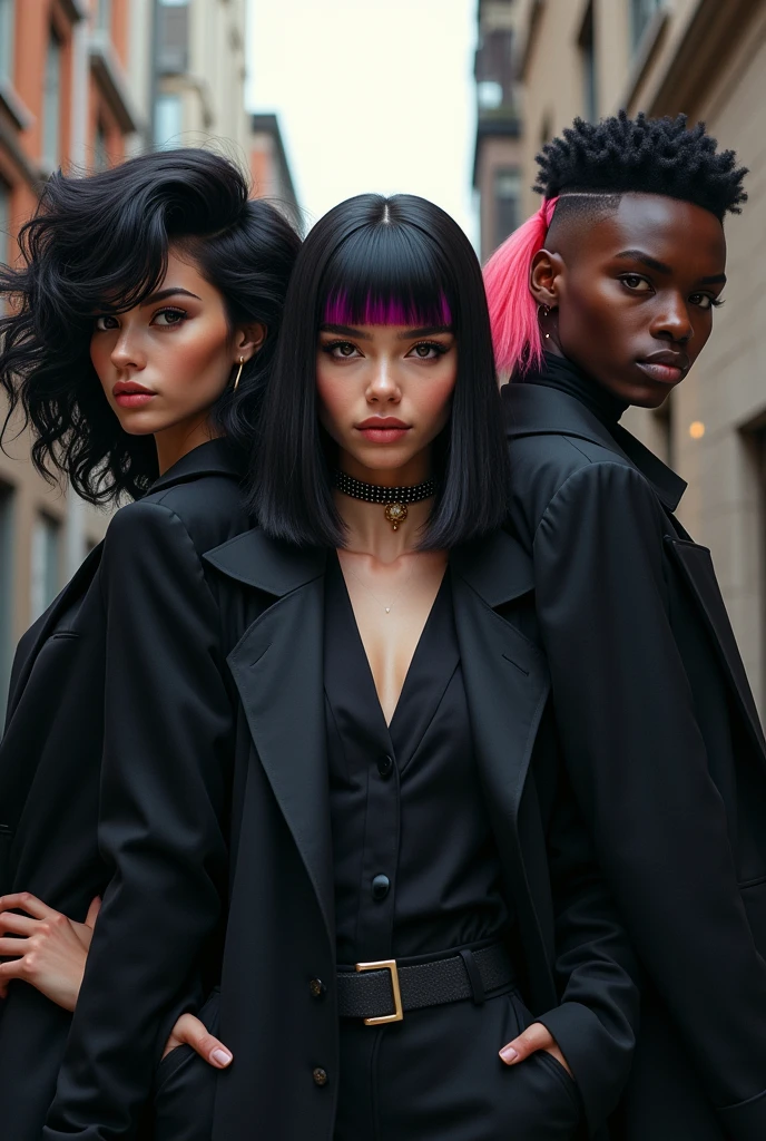 E-girl with black coat and curly black Power hair, and another e-girl with a black coat, straight hair with pink bangs, a little towards red, with the rest of her hair black, and a dark-skinned man with short hair shaved on the side, with a thick cord, with a black blouse
