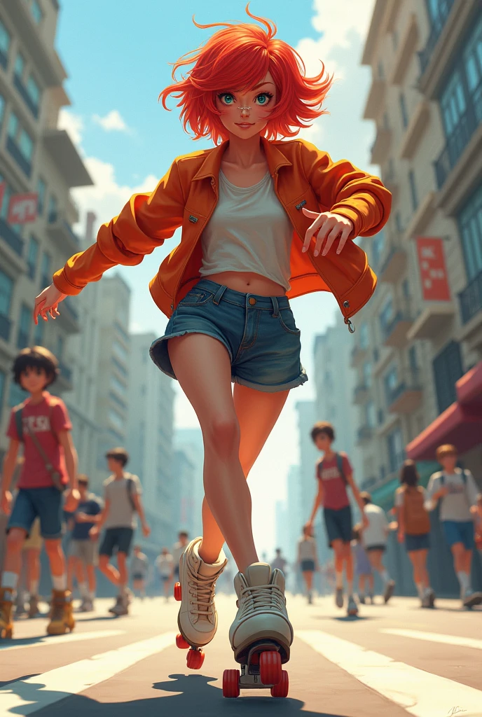 A roller skating girl has short red hair and a nose ring