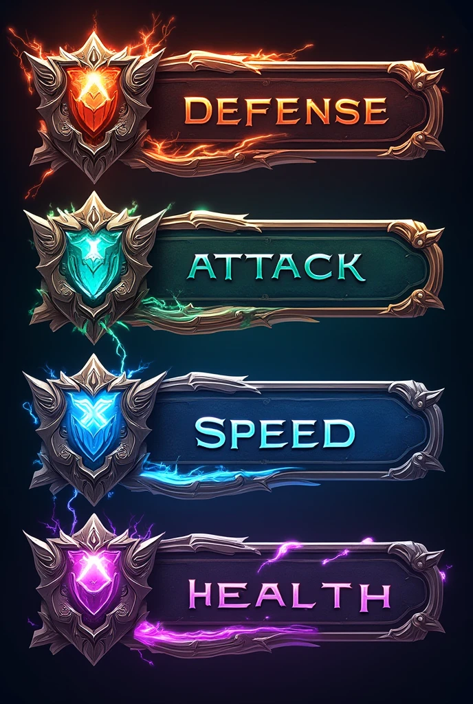 A visually stunning status bar reminiscent of video game interfaces, showcasing Defense, Attack, Speed, and Health. Each element is intricately designed with vibrant colors and intricate patterns that suggest power and protection. The Defense section features intricate shields with intricate detailing, while the Attack segment is adorned with sharp, menacing weapons. Speed is depicted with dynamic streaks of lightning, and Health is symbolized by glowing, pulsating orbs of energy. This digital image expertly combines functionality with artistic brilliance, immersing viewers in a world of fantasy and adventure.