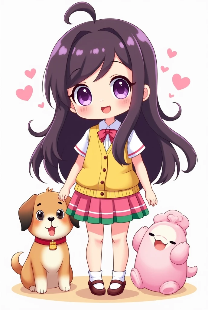 cartoon style a cute girl with long dark purple hair, and a yellow school vest with a pink and green skirt big dark purple eyes cute with a happy puppy 
