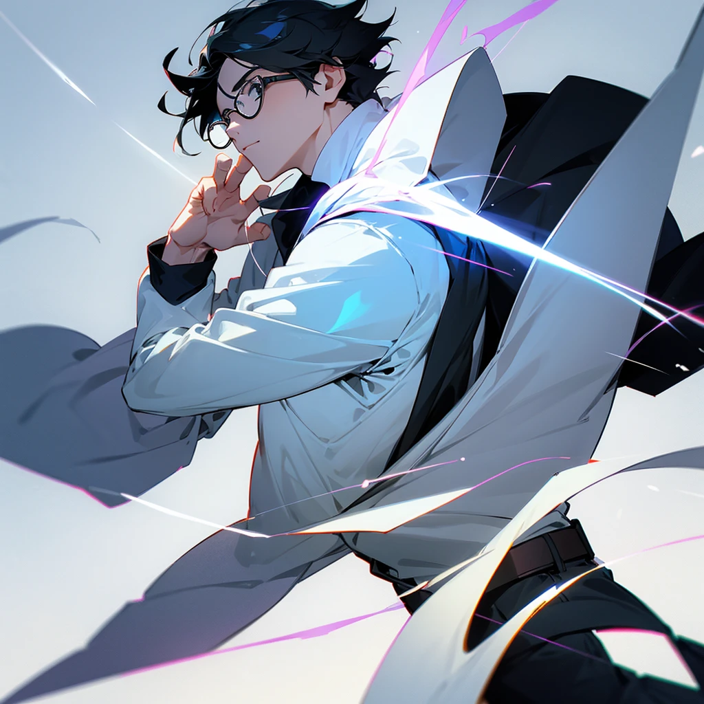 make a boy with powers and glasses and black hair, white beauty color, and without shading and facing forward with your hand on your face 