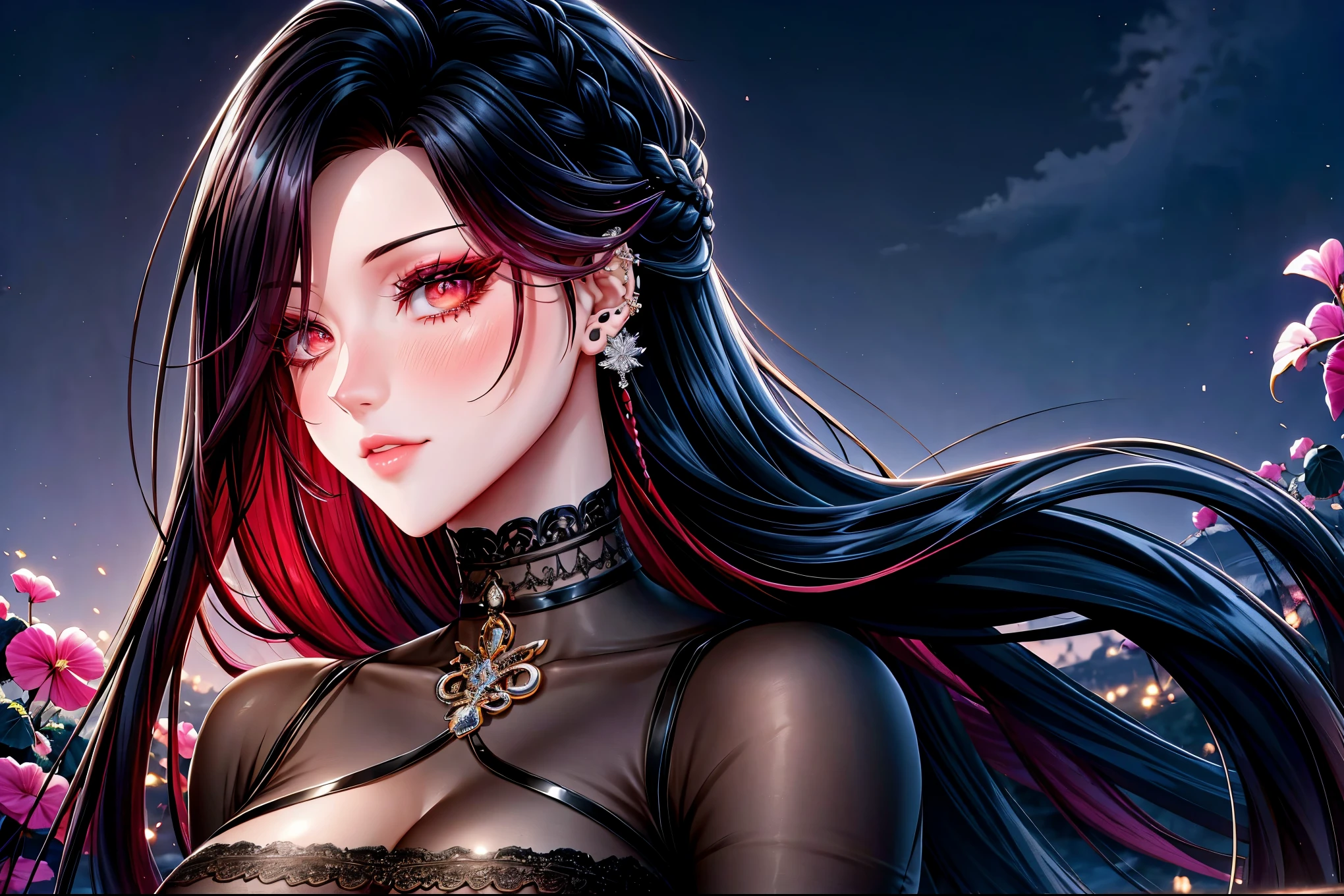 shoujo style, frosty style, (romantic manhwa), 1 girl, black hair, solo, long braided hair, long braid, dress, red cyclamen eyes, mascara, makeup, elbow gloves, bra, jewelry, many ear piercings, peeper , collarbone, accessories, upper body, parted bangs, braided hair, side braid, black dress, bangs, outdoors, detailed eyes, dynamic cut, walking in a rose field at night, flowers, warm, summer environment, beach,