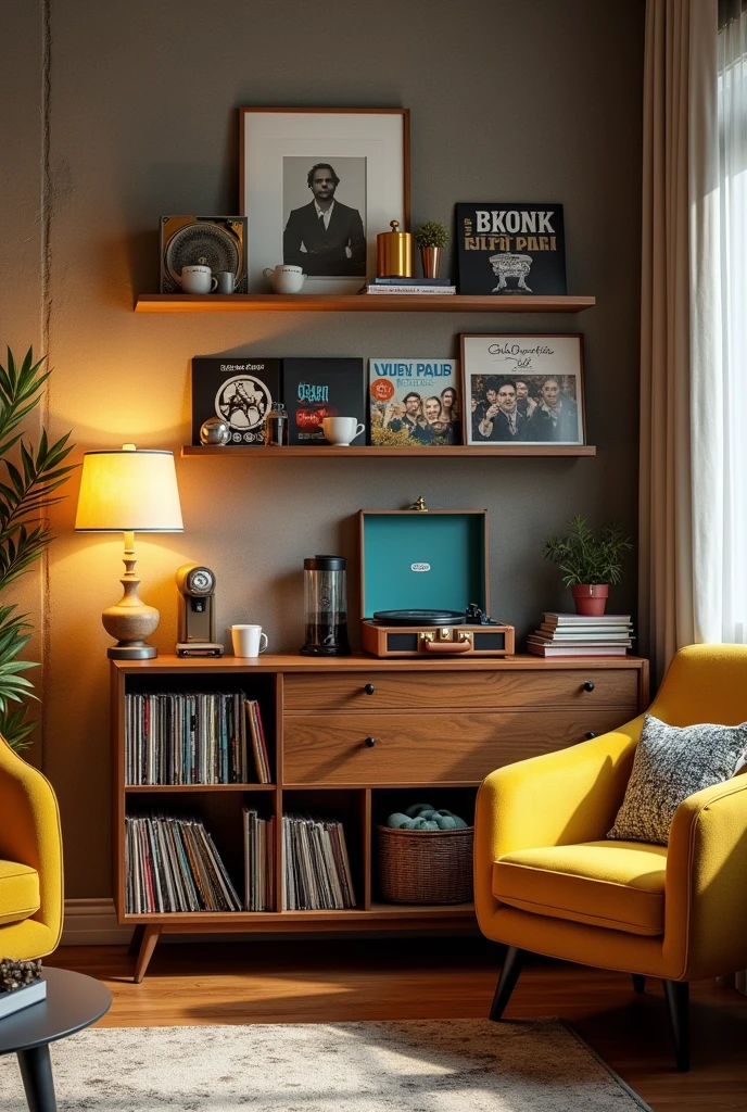 Create a realistic image of a corner in an apartment with a simple sideboard with a coffee maker, a coffee capsule holder, a French coffee press and a brown suitcase-shaped record player, it's open with a record playing. On top there are thin shelves with only front discs, there are two shelves one on top of the other, each shelf has 3 discs next to each other, disco do Queen, do Linkim Park, Foi Fighters , gilberto gil, U2 and Elis Regina. Also on the sideboard, Na parte de baixo, has niches with books. Many books next to each other. In front of the sideboard there are two yellow armchairs, one with a cushion and a floor lamp with yellow light. The wall where the vinyls and the sideboard are, it's burnt cement.
