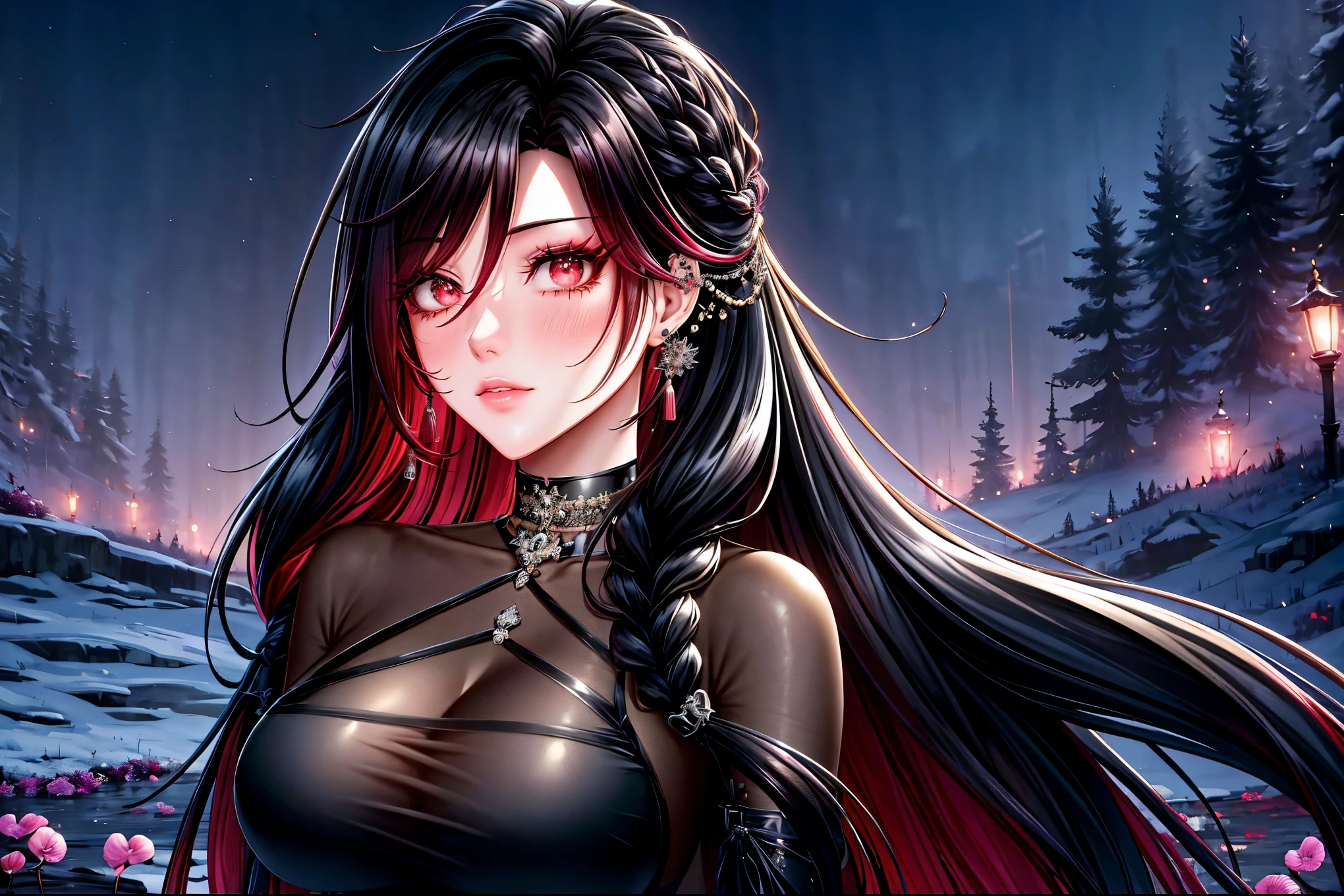 shoujo style, frosty style, (romantic manhwa), 1 girl, black hair, solo, long braided hair, long braid, dress, red cyclamen eyes, mascara, makeup, elbow gloves, bra, jewelry, many ear piercings, peeper , collarbone, accessories, upper body, parted bangs, braided hair, side braid, black dress, bangs, outdoors, detailed eyes, dynamic cut, walking in a rose field at night, flowers, warm, summer environment, beach,