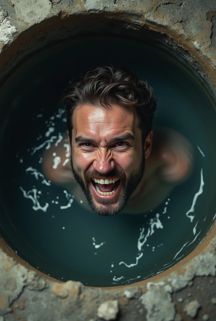 (photorealism:1.2),a man in a well thrown down,Let his face be seen as he is going crazy