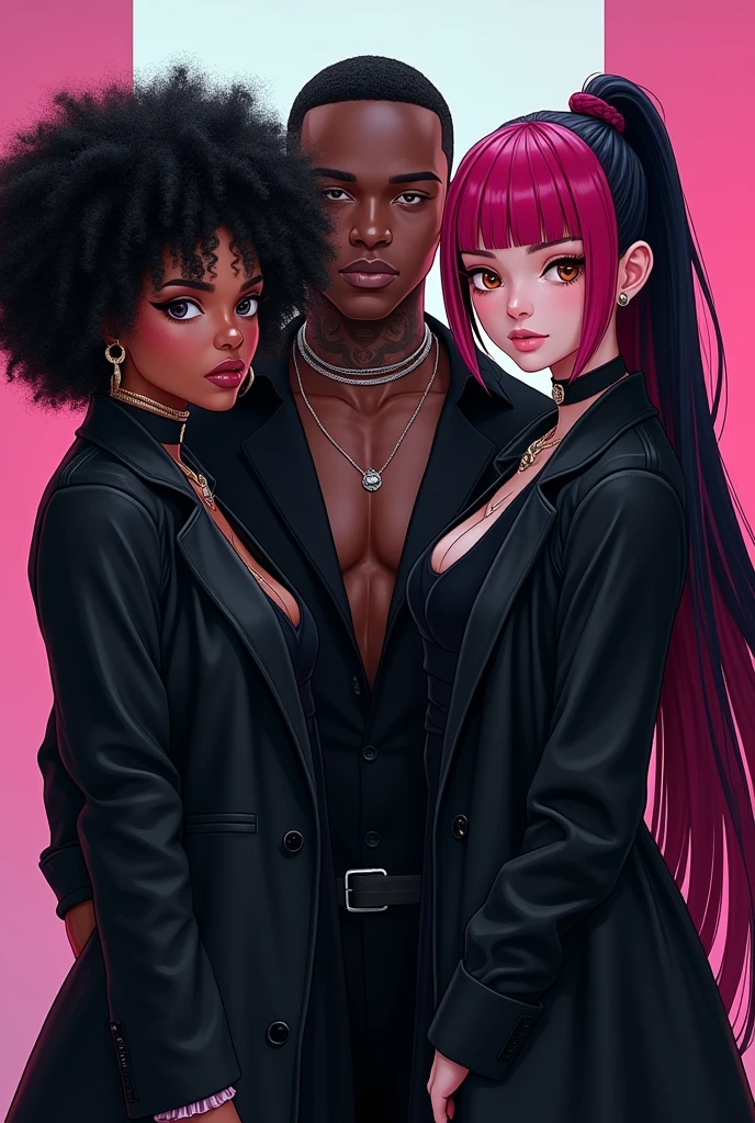 E-girl with black coat and curly black Power hair, and another e-girl with a black coat, straight hair with pink bangs, a little towards red, with the rest of her hair black, and a dark-skinned man with short hair shaved on the side, with a thick cord, with a black blouse