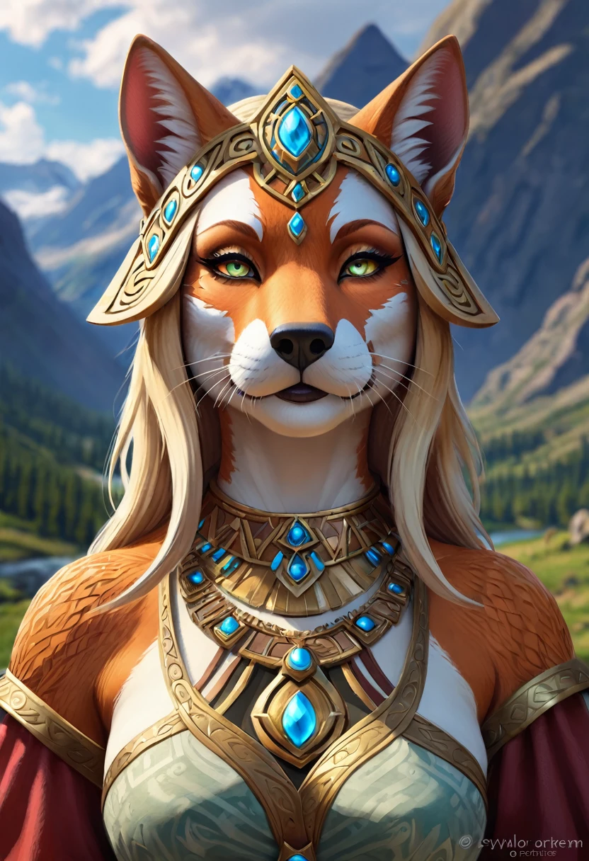Anthropomorphic feminine kitsune-walrus enchantress. Official Art – An Award-Winning Digital Masterpiece In 4K Ultra HD, Extreme Detail And Intricate Realism. Symmetrical Face. This Concept Art Brought To Life By The Hands Of Artists Like Wlop & Artgerm In A Stunning 2D Vector Illustration. Breath of the wild. Background Is A Panoramic Vista.