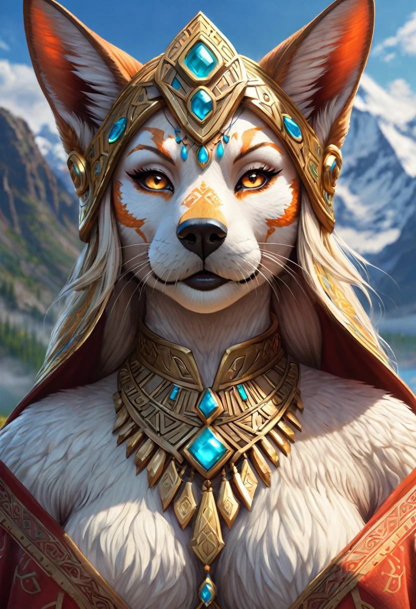 Anthropomorphic feminine kitsune-walrus enchantress. Official Art – An Award-Winning Digital Masterpiece In 4K Ultra HD, Extreme Detail And Intricate Realism. Symmetrical Face. This Concept Art Brought To Life By The Hands Of Artists Like Wlop & Artgerm In A Stunning 2D Vector Illustration. Breath of the wild. Background Is A Panoramic Vista.
