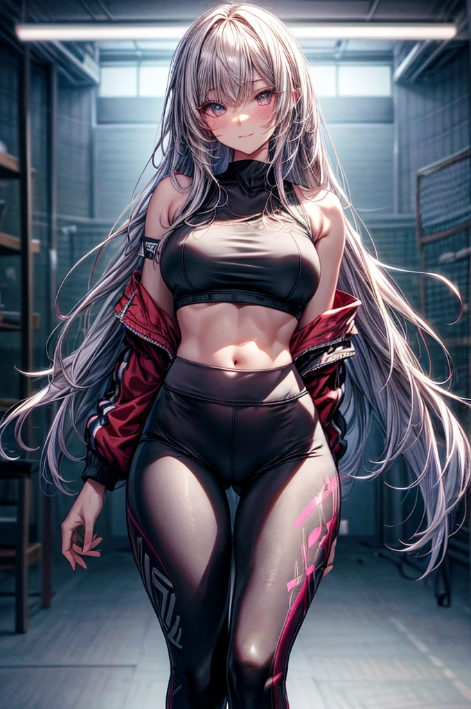 .Raw photo, masterpiece, best quality, ultra-detailed, high resolution, extremely detailed CG, unity 8k wallpaper, official art, production art, novel illustration, caustics, textile shading, super detailed skin, perfect anatomy, detailed, cinematic lighting, dynamic lighting, young and short adult woman, 21 years old, beautiful detailed eyes, (shiny alabaster skin), sexy smile,(nsfw:0.7), (Casual Sports Top and Leggings :1.5), (DD breasts), curvy and thick slim body, large buttocks, blonde, garter belt, Pretty starry pupiled eyes, long lashes, eye shadow, eyeliner, detailed eyes, beautiful eyes, full pink lips, short height(160cm), Two toned hairstyle(Astral colored hair) behind viewer, back shot, hips focus, short height(160cm), shy and timid expression personality
