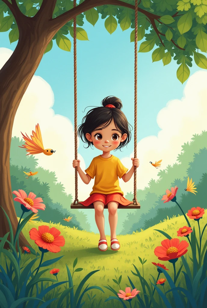 Cartoon style drawing involving Back on his swing in the garden, the child woman watches the flower with the rainbow color now radiant in its place. she smiles, feeling at peace, while the surrounding garden seems to vibrate with the colors of the flower.