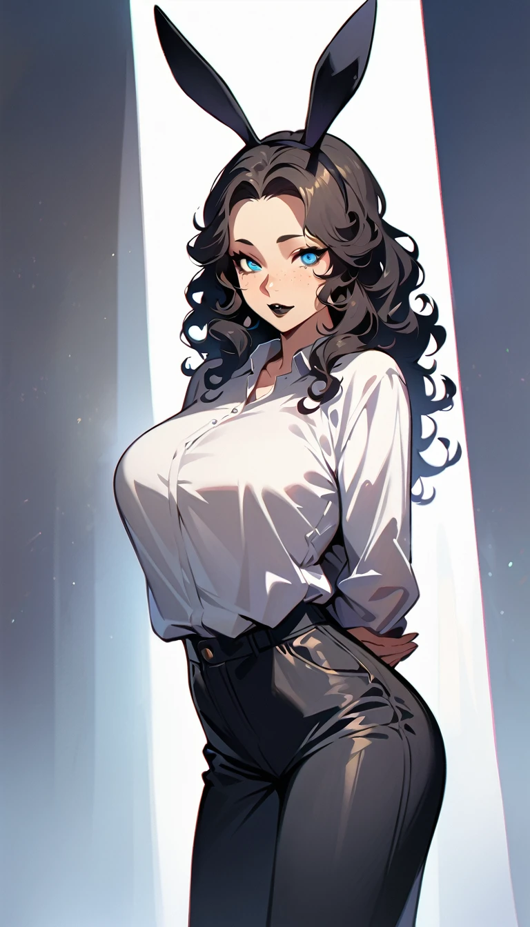 (high quality, 8k, 4K, high contrast, artwork:1.2, high quality, best aesthetics), (centered), ((1 woman)), erotic, sensual, mature body, grown woman, super detailed, beautiful face detailed, beautiful eyes detailed, detailed beautiful mouth, big breasts, (long black curly hair), (blue eyes), (black eyeliner), (black eyeshadow), (freckles on cheeks), (black lipstick), (standing), (erect body posture), (front view of woman), (facing camera), (hands behind back), (casual clothes), (bunny ears)