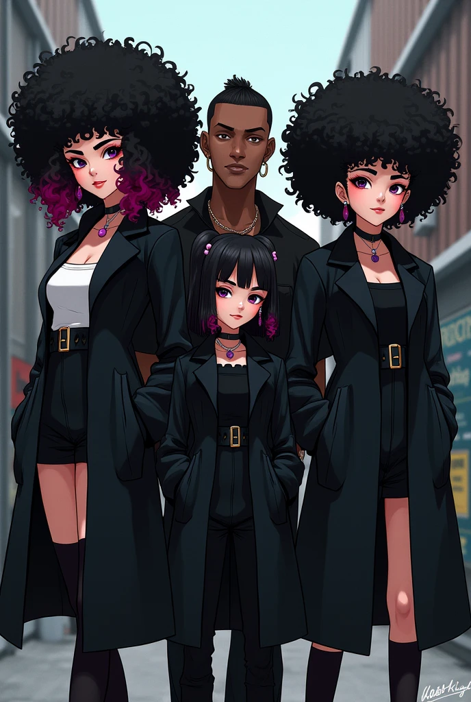 Two E-girls with black coats and curly black Power hair, and another e-girl with a black coat, straight hair with pink bangs, a little towards red, with the rest of her hair black, and a dark-skinned man with short hair shaved on the side, with a thick cord, with a black blouse