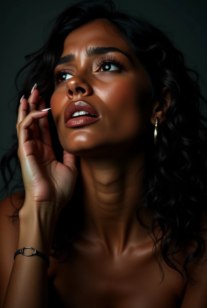 mia khalifa, beautiful detailed eyes, beautiful detailed lips, extremely detailed eyes and face, long eyelashes, 1girl, raised hand, head tilted upwards with pained expression, full body shot, clothed, sweaty armpits, dark skin, photorealistic, cinematic lighting, dramatic pose, emotional expression, high quality, 8k, hyper detailed, masterpiece, (best quality, 4k, 8k, highres, masterpiece:1.2), ultra-detailed, (realistic, photorealistic, photo-realistic:1.37), HDR, UHD, studio lighting, ultra-fine painting, sharp focus, physically-based rendering, extreme detail description, professional, vivid colors, bokeh