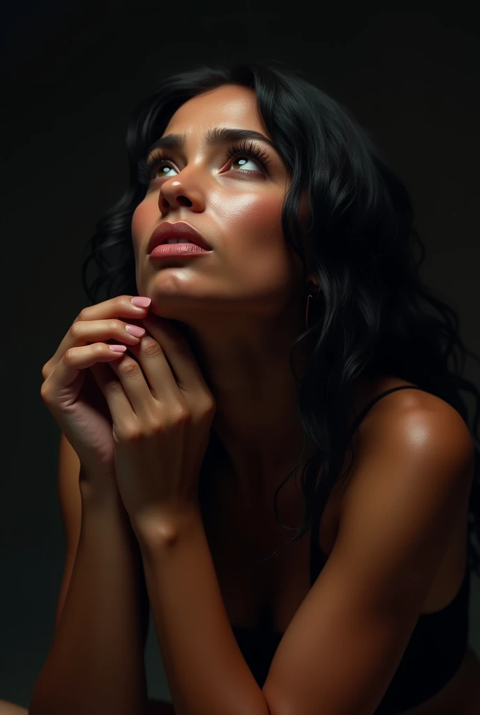 mia khalifa, beautiful detailed eyes, beautiful detailed lips, extremely detailed eyes and face, long eyelashes, 1girl, raised hand, head tilted upwards with pained expression, full body shot, clothed, sweaty armpits, dark skin, photorealistic, cinematic lighting, dramatic pose, emotional expression, high quality, 8k, hyper detailed, masterpiece, (best quality, 4k, 8k, highres, masterpiece:1.2), ultra-detailed, (realistic, photorealistic, photo-realistic:1.37), HDR, UHD, studio lighting, ultra-fine painting, sharp focus, physically-based rendering, extreme detail description, professional, vivid colors, bokeh